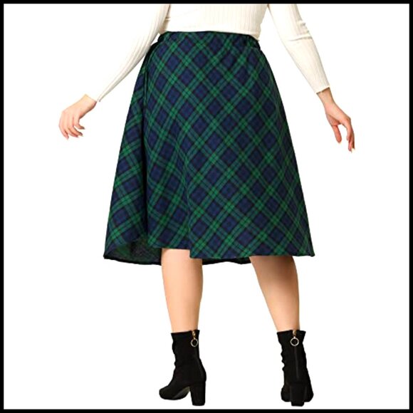 Plus Size A-Line Midi Skirt Elastic Waist Flare Hem Plaid Print - Picture 4 of 6